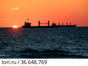 Ships on the roadstead of Ashdod on background of sunset (2021 год). Редакционное фото, фотограф Irina Opachevsky / Фотобанк Лори