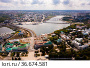 Aerial view of Cheboksary on Volga overlooking Holy Trinity Monastery and Assumption Church, Russia. Стоковое фото, фотограф Яков Филимонов / Фотобанк Лори