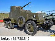Советский бронеавтомобиль БА-3М крупным планом солнечным днем.  "Парк Патриот", Каменск-Шахтинский (2021 год). Редакционное фото, фотограф Виктор Карасев / Фотобанк Лори