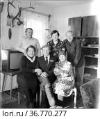 Семейная фотография людей в домашней обстановки, они сидят в центре комнаты рядом с телевизором и сервантом, мужчины и женщины позируют для семейной фотографии , Семья Деркач, сваты, январь 1982 год. Редакционное фото, фотограф Варфоломей Тетерин / Фотобанк Лори