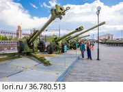 Russia, Verkhnyaya Pyshma, July 2021: various types of artillery On the open area of the military equipment museum "Combat Glory of the Urals". Редакционное фото, фотограф Акиньшин Владимир / Фотобанк Лори