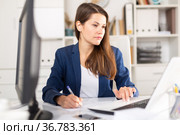Focused business woman working with laptop and documents. Стоковое фото, фотограф Яков Филимонов / Фотобанк Лори