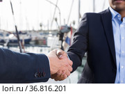 handshake of two businessmen near the yachts in seaport. Стоковое фото, фотограф Татьяна Яцевич / Фотобанк Лори