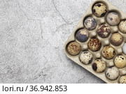 Food background of quail eggs close-up containing vitamin A, B, PP, B12, amino acids, beta-carotene, calcium, magnesium, iron, phosphorus, protein, choline, riboflavin, folic acid, selenium. Стоковое фото, фотограф Светлана Евграфова / Фотобанк Лори