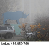 Москва, микрорайон Марфино, СВАО. Синий носорог шагает сквозь плотный туман во дворе многоквартирного дома. Пасмурный осенний день (2021 год). Редакционное фото, фотограф Наталья Николаева / Фотобанк Лори