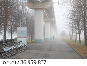 Москва, улица Академика Королева, СВАО. Опоры монорельса и деревья теряются в  плотном тумане. Вдалеке видна слабо различимая маленькая черная человеческая фигурка (2021 год). Редакционное фото, фотограф Наталья Николаева / Фотобанк Лори