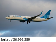 Летящий самолет Boeing 737-800 (VQ-BTJ) авиакомпании "Победа" на фоне облачного неба (2020 год). Редакционное фото, фотограф Виктор Карасев / Фотобанк Лори