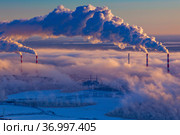 Air photo of electric power station in the winter season. Стоковое фото, фотограф Владимир Мельников / Фотобанк Лори