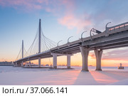 The cable-stayed bridge across the Petrovsky fairway of the western high-speed diameter. St. Petersburg. Russia. Стоковое фото, фотограф Ольга Визави / Фотобанк Лори