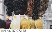 Variety of natural wigs and hairpieces hanging on stand in specialized store. Стоковое видео, видеограф Яков Филимонов / Фотобанк Лори