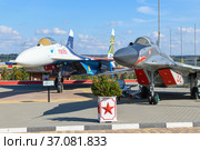 Советские военные самолеты Су-24М и МиГ-29 в экспозиции парка "Патриот" солнечным днем. Каменск-Шахтинский (2021 год). Редакционное фото, фотограф Виктор Карасев / Фотобанк Лори