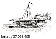 Канонерская лодка. Иллюстрация из журнала "Московский листок" 1902 года. Стоковая иллюстрация, иллюстратор Макаров Алексей / Фотобанк Лори