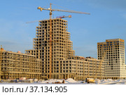 Строительство новых современных многоквартирных зданий на намывных территориях Васильевского острова солнечным декабрьским днем. Санкт-Петербург, Россия (2021 год). Стоковое фото, фотограф Виктор Карасев / Фотобанк Лори