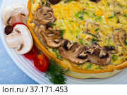Delicious french kish cooked with cheese and mushrooms. Стоковое фото, фотограф Яков Филимонов / Фотобанк Лори
