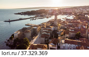 Aerial view of historic Adriatic town of Krk , Island of Krk, Kvarner bay of Adriatic sea, Croatia, Europe. Стоковое фото, фотограф Matej Kastelic / Фотобанк Лори