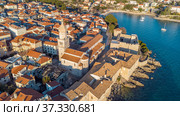 Aerial view of historic Adriatic town of Krk , Island of Krk, Kvarner bay of Adriatic sea, Croatia, Europe. Стоковое фото, фотограф Matej Kastelic / Фотобанк Лори