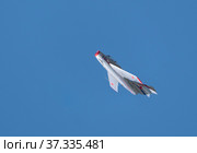 Moscow Russia Zhukovsky Airfield 31 August 2019: Demonstration of the Russian MiG-15 Bis 1120 (Fagot) the international aerospace salon MAKS-2019. Редакционное фото, фотограф Фотограф / Фотобанк Лори