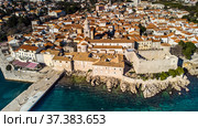 Aerial view of historic Adriatic town of Krk , Island of Krk, Kvarner bay of Adriatic sea, Croatia, Europe. Стоковое фото, фотограф Matej Kastelic / Фотобанк Лори