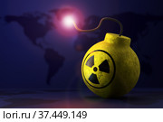 Nuclear bomb on the background of the world map. 3d render. Стоковая иллюстрация, иллюстратор Alexander / Фотобанк Лори