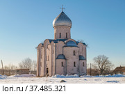 Средневековая православная церковь Спаса Преображения на Нередице солнечным мартовским днем. Окрестности Великого Новгорода, Россия (2022 год). Стоковое фото, фотограф Виктор Карасев / Фотобанк Лори