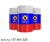 three metallic barrels with flag russia on white background. Isolated 3D illustration. Стоковая иллюстрация, иллюстратор Ильин Сергей / Фотобанк Лори