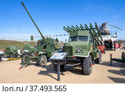 KAMENSK-SHAKHTINSKY, RUSSIA - FEBRUARY 12, 2022: BM-13 is a Soviet rocket artillery combat vehicle in the Patriot Park exposition on a sunny day. Редакционное фото, фотограф Виктор Карасев / Фотобанк Лори