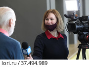 Писатель Владимир Николаевич Крупин даёт интервью Балашихинскому телевидению (2022 год). Редакционное фото, фотограф Дмитрий Неумоин / Фотобанк Лори