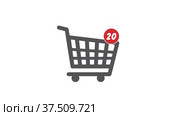 Close up shot animation of shopping cart icon on computer screen with animated number 20 add online commodity on shopping page. Стоковое видео, видеограф Денис Калетник / Фотобанк Лори