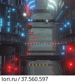 Sci-fi futuristic cityscape view shining with blue, red and yellow lights 3d render. Стоковая иллюстрация, иллюстратор Вероника Суровцева / Фотобанк Лори