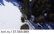 Group of athlete contestant skiers are skiing while aerial drone footage is moving with them. Sunny beautiful day, snowy ground. Cross country skiing. Aerial view from the top. Frozen lake next to it. Стоковое видео, видеограф Kirkke Soon / Фотобанк Лори
