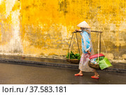 HOI AN, QUANG NAM, VIETNAM - JANUARY 03, 2019: Vietnamese woman street seller In hoi an Vietnam in ancient town HoiAn. Стоковое фото, фотограф Мария Крайнова / Фотобанк Лори