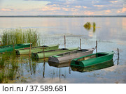 Boats on shore of Lake Nero on quiet summer evening, Rostov, Yaroslavl region, Russia (2019 год). Редакционное фото, фотограф Алексей Антипов / Фотобанк Лори