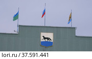 Город Сургут зимой. Здание администрации города. Surgut city in winter. The city administration building. (2022 год). Редакционное видео, видеограф Евгений Романов / Фотобанк Лори