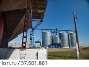 Modern grain storage elevator and vintage wooden electric pole (right). Стоковое фото, фотограф Alexey Rezvykh / Фотобанк Лори