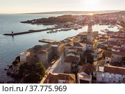 Aerial view of historic Adriatic town of Krk , Island of Krk, Kvarner bay of Adriatic sea, Croatia, Europe. Стоковое фото, фотограф Matej Kastelic / Фотобанк Лори