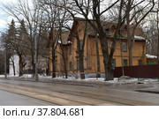Moscow, Russia, March 10, 2019: Old wooden building  in Victorian style of Russian State Agrarian University, Timiryazevskaya street. Стоковое фото, фотограф Алексей Антипов / Фотобанк Лори
