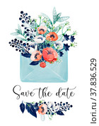 Invitation card with hand-drawn blue paper envelope, red and white anemones, mint leaves, blue berries. Стоковая иллюстрация, иллюстратор Денисова Анастасия / Фотобанк Лори