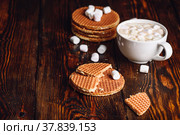 Stroop Waffles and Hot Chocolate with Marshmallow. Стоковое фото, фотограф Всеволод Белоусов / Фотобанк Лори