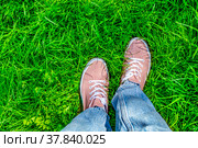 Стильный, модный яркий летний фон. Зеленая лужайка, природа и ноги человека. Радуемся лету, теплу, ярким краскам. Девушка в парке, непринужденная удобная обувь и стиль одежды, свобода, непосредственность. Фон, обои, открытка. Стоковое фото, фотограф Ludmila Zyubina / Фотобанк Лори