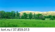 Natural landscape with a huge sand dune Sarykum in the background (2022 год). Редакционное фото, фотограф Евгений Харитонов / Фотобанк Лори