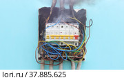 Poor electrical work led to short circuit in wiring of consumer unit and caused an electric fire. Стоковое видео, видеограф Владимир Григорьев / Фотобанк Лори