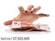 Рука собирается схватить деньги, изолированные на белом фоне, концепция кражи или мошенничества. Стоковое фото, фотограф Сергей Чайко / Фотобанк Лори