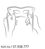 Hand holds mask. Concept of changing natural personality to conform to social requirements and pressure. People hiding faces behind social masks with fake emotions. Psychological problem. Sketch. Рука держит маску. Концепция изменения естественной личности в соответствии с социальными требованиями и давлением. Люди прячут лица за социальными масками с фальшивыми эмоциями. Психологическая проблема. Эскиз. Стоковая иллюстрация, иллюстратор Dmitry Domashenko / Фотобанк Лори