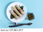 Спринг-роллы из морепродуктов и овощей с декором из зеленых листьев  и столовых приборов на светлом фоне. Стоковое фото, фотограф Лозовая Людмила / Фотобанк Лори