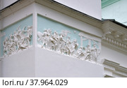 Stucco molding Scenes "Beating babies of Bethlehem" and "Adoration of the Magi". Fragments frieze of western and south façade of Demetrius Cathedral of Spaso-Yakovlevsky Monastery (1801), Monastery of St. Jacob Saviour, it was founded in 1389 century. Rostov, Yaroslavl Region, Russia (2018 год). Редакционное фото, фотограф Алексей Антипов / Фотобанк Лори