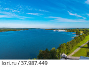 View from the wooden belfry towards the pier (2021 год). Редакционное фото, фотограф Михаил Аккуратoв / Фотобанк Лори
