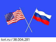Флаги России и США на синем фоне. 3-D модель. Стоковая иллюстрация, иллюстратор Александр Селин / Фотобанк Лори