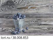 Ripe blueberries in a metal bucket. On pine boards. Several berries are scattered around. Close-up. Стоковое фото, фотограф Vadzim Yakubovich / Фотобанк Лори