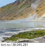 Hot mineralized lake with thermal spring and smoking fumaroles in the caldera of the Golovnin volcano on the island of Kunashir. Стоковое фото, фотограф Евгений Харитонов / Фотобанк Лори