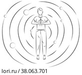 Concept of a person in spiritual balance. Meditation, an enlightened state of mind. Man stands in simple asana. Regular practice of yoga for physical health of body, inner harmony and tranquility. Концепция человека, находящегося в духовном равновесии. Медитация, просветлённое состояние разума. Человек стоит в простой асане. Регулярная практика йоги для физического здоровья тела, внутренней гармонии и спокойствия. Стоковая иллюстрация, иллюстратор Dmitry Domashenko / Фотобанк Лори